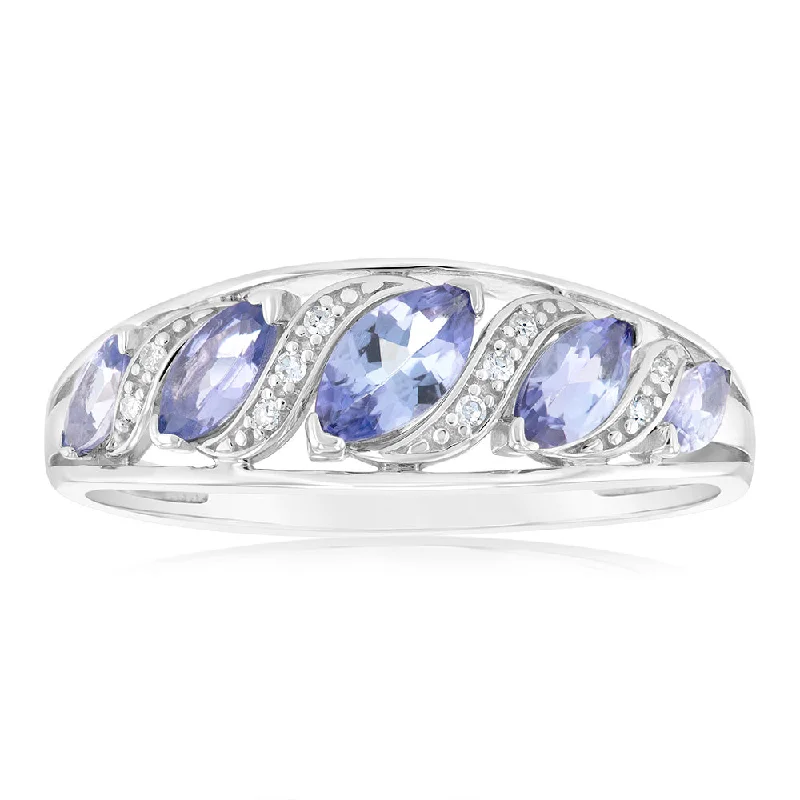 6 Marquise Ct Tanzanite Ring & 10 Diamonds in 9ct White Gold