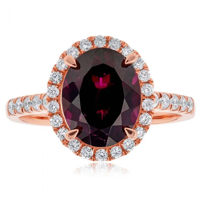 9ct Rose Gold Rhodolite Garnet Ring 10x8mm Oval with 0.34ct Diamonds