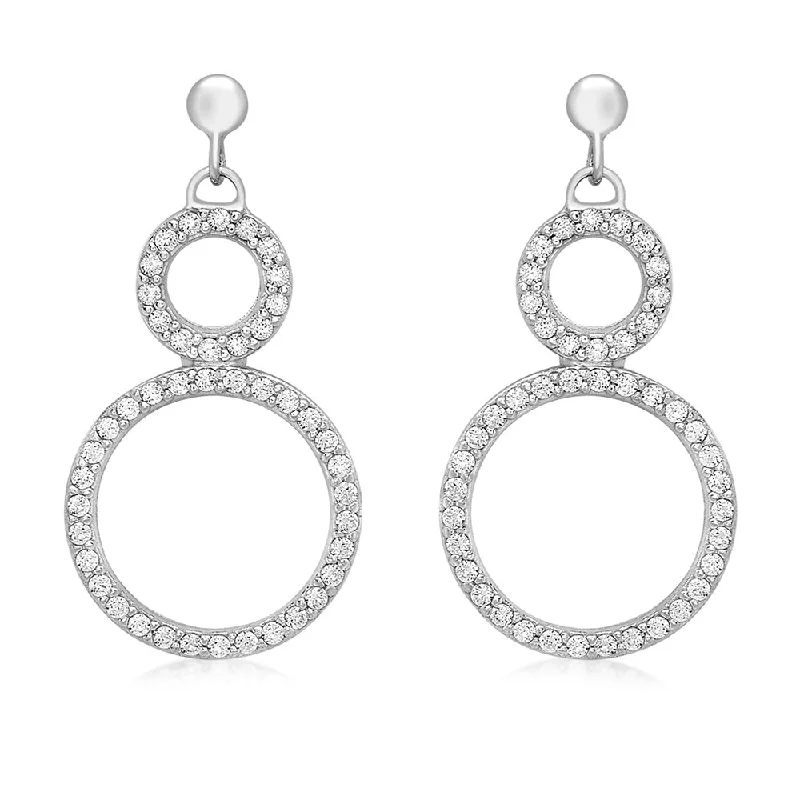 9ct White Gold Zirconia Double Circle Drop Earrings