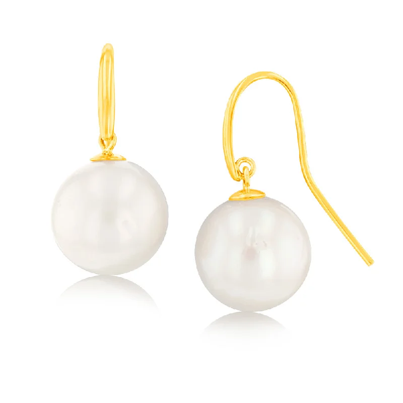 9ct Yellow Gold 10-14mm White South Sea Pearl Earrings