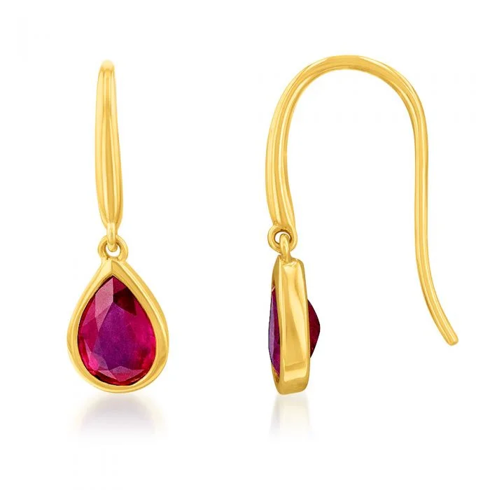 9ct Yellow Gold 2.00ct Natural Enhanced Ruby Pear Drop Earrings