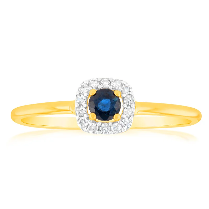 9ct Yellow Gold 3.0mm Sapphire Ring in 14 Diamonds