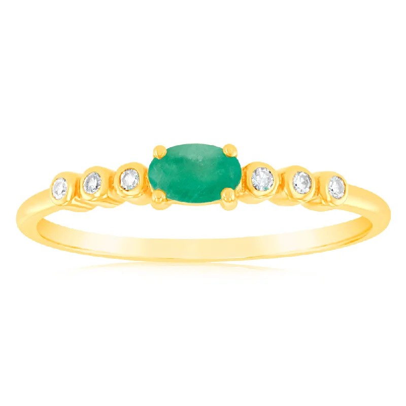 9ct Yellow Gold 5X3mm Emerald Ring in 6 Diamonds