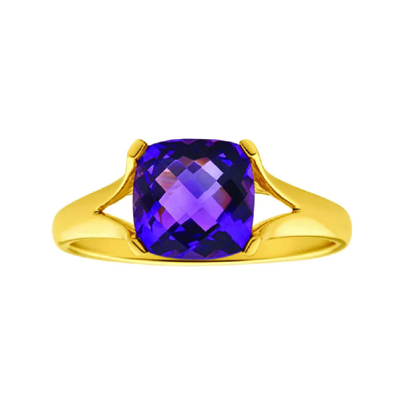 9ct Yellow Gold 8mm Cushion Cut Amethyst Ring