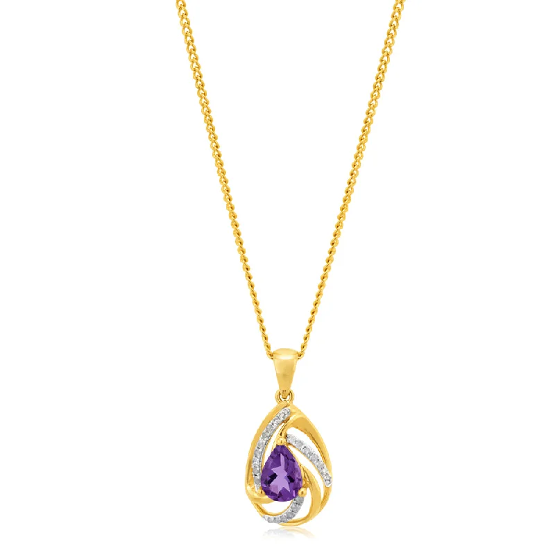 9ct Yellow Gold Amethyst Pendant with Diamonds