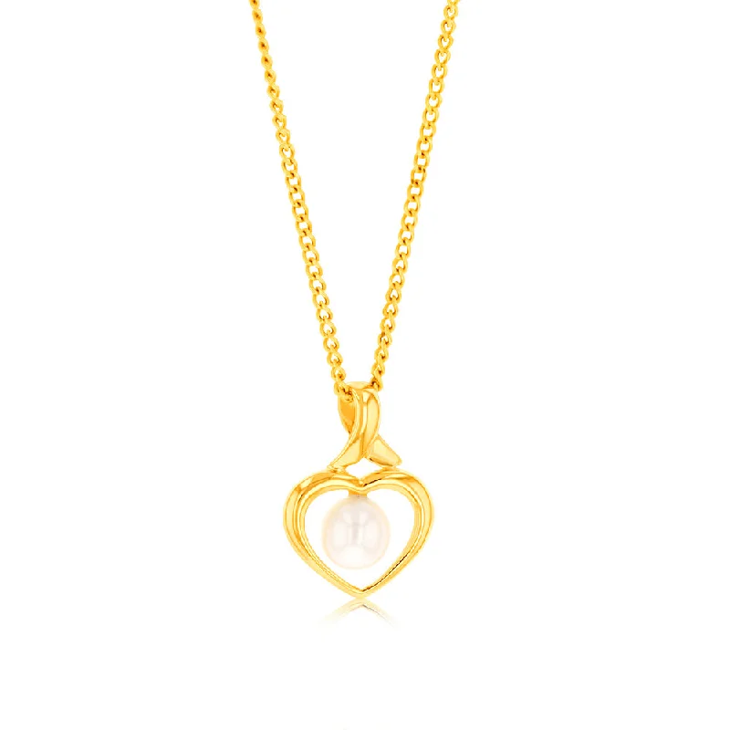 9ct Yellow Gold Created 4.5mm Cultured Pearl Heart Shaped Pendant