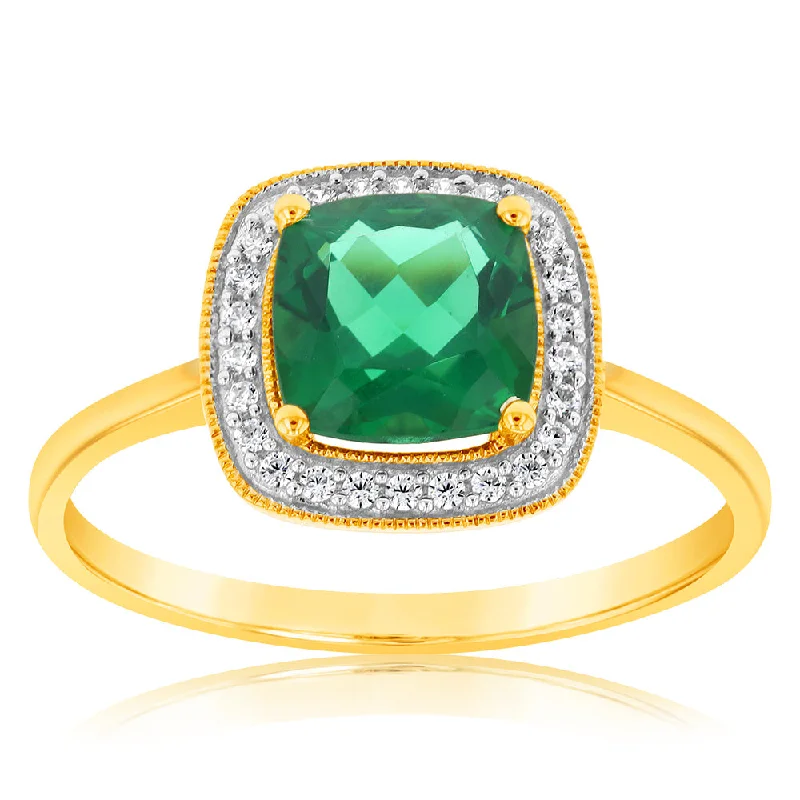 9ct Yellow Gold Cubic Zirconia And Glass Filled Emerald Ring