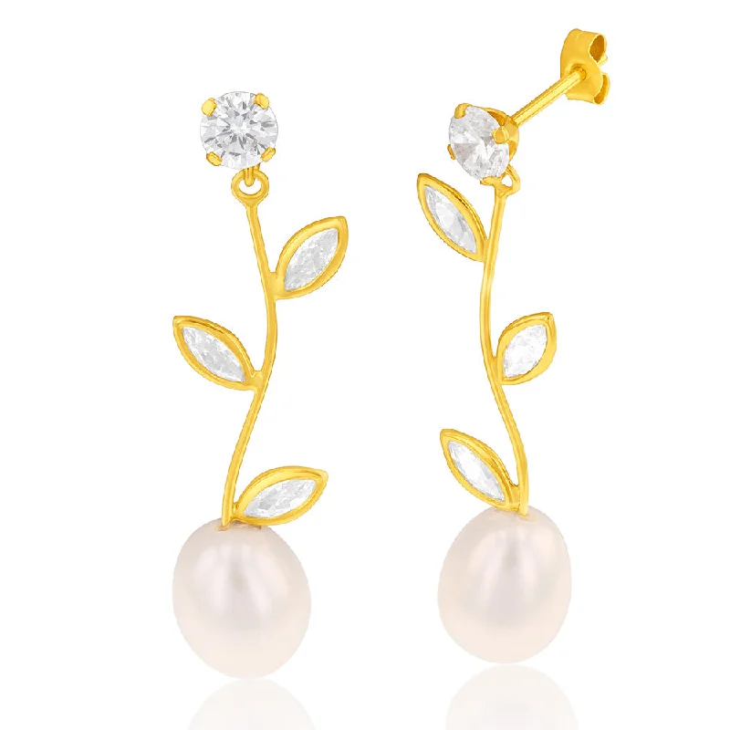 9ct Yellow Gold Cubic Zirconia Flower Pearl Drop Earrings