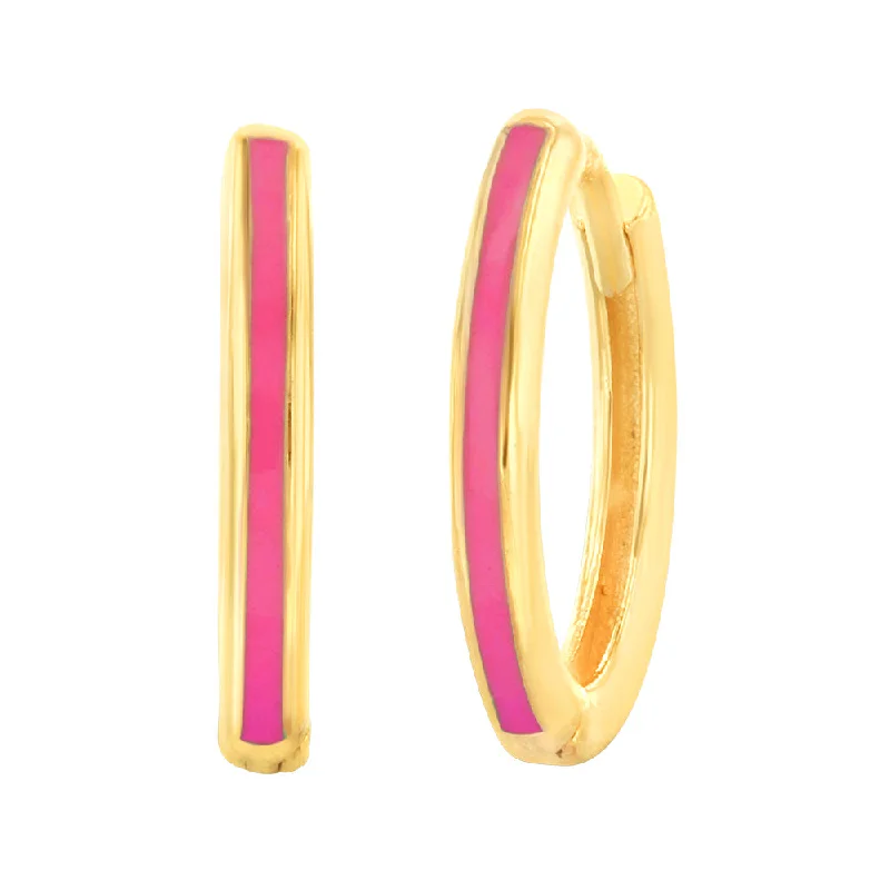 9ct Yellow Gold Dark Pink Enamel On Sleeper Hoop Earrings