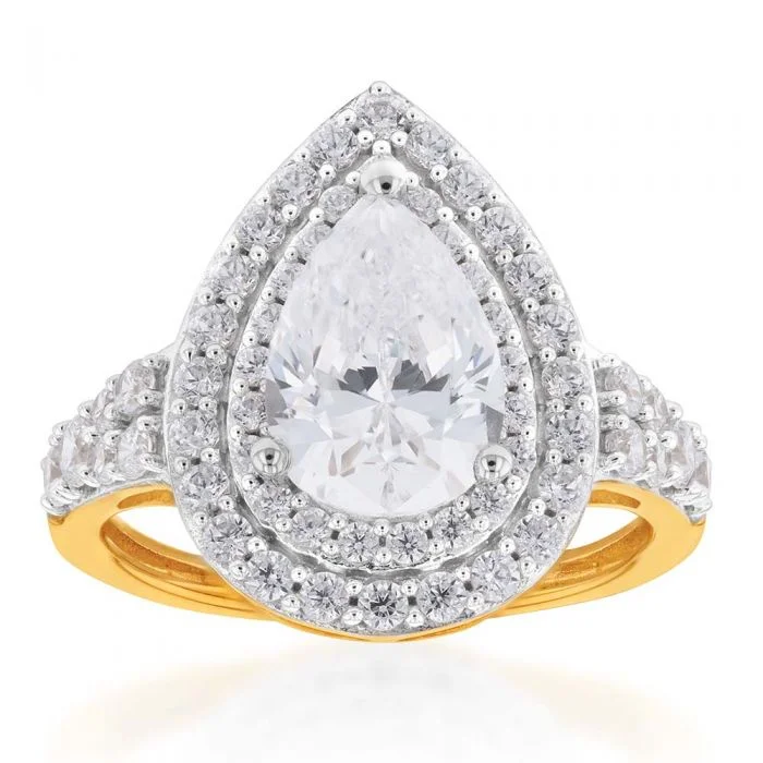 9ct Yellow Gold Double Halo Pear and Channel Zirconia Ring