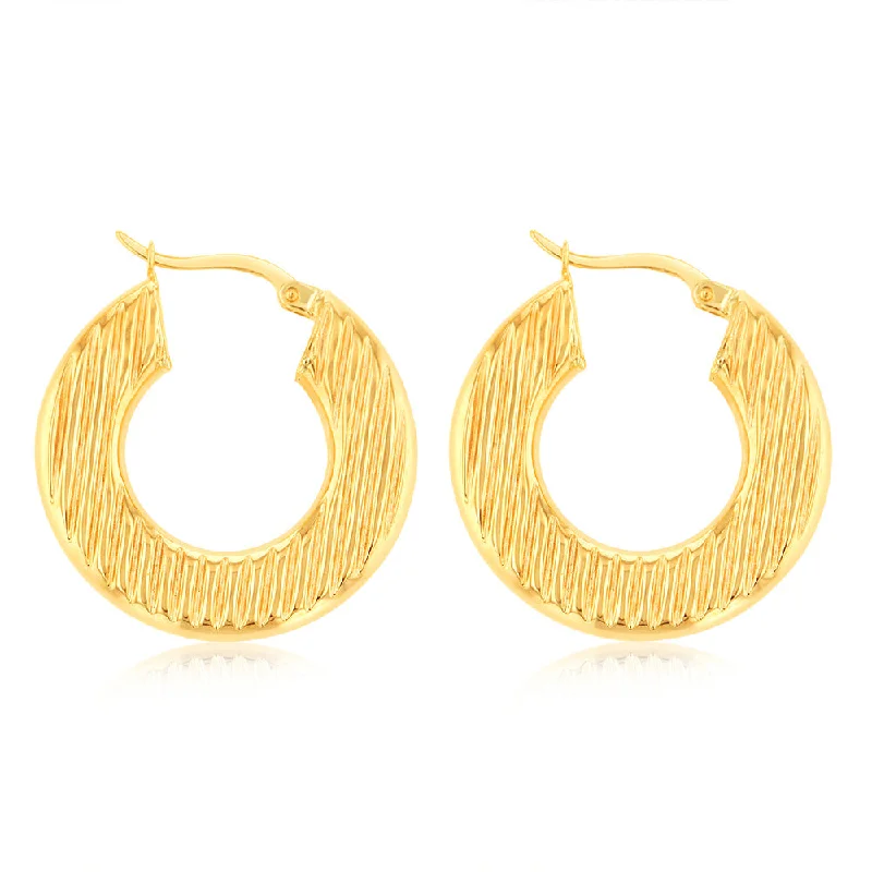 9ct Yellow Gold Double Side Texture Round Hoop Earrings