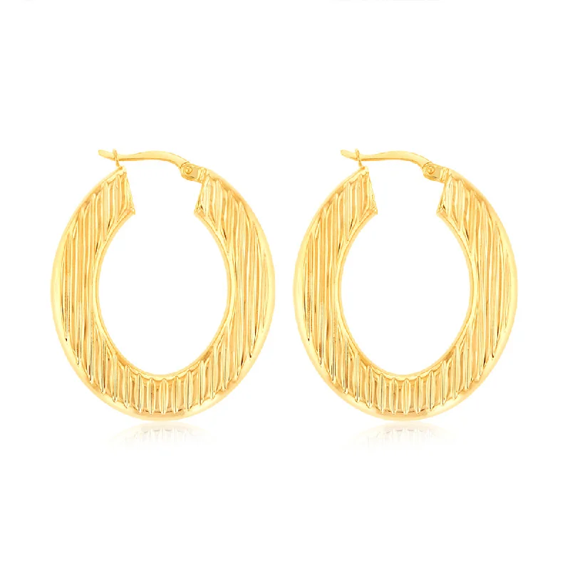 9ct Yellow Gold Double Side Textured Oval Hoop Earrings