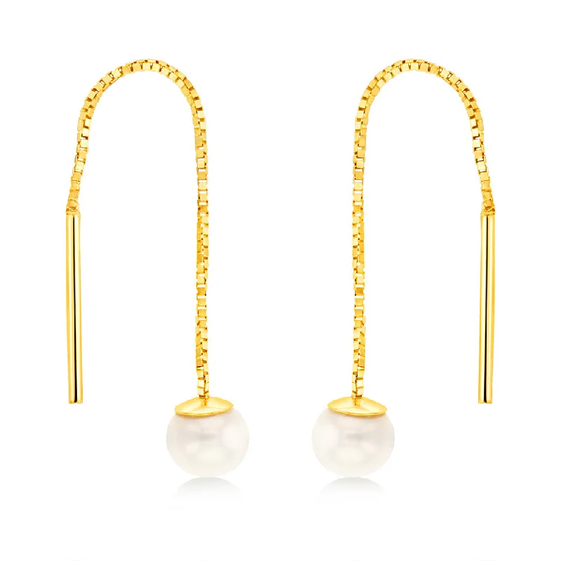 9ct Yellow Gold Fresh Water Pearl Box Chain Threader Earrings