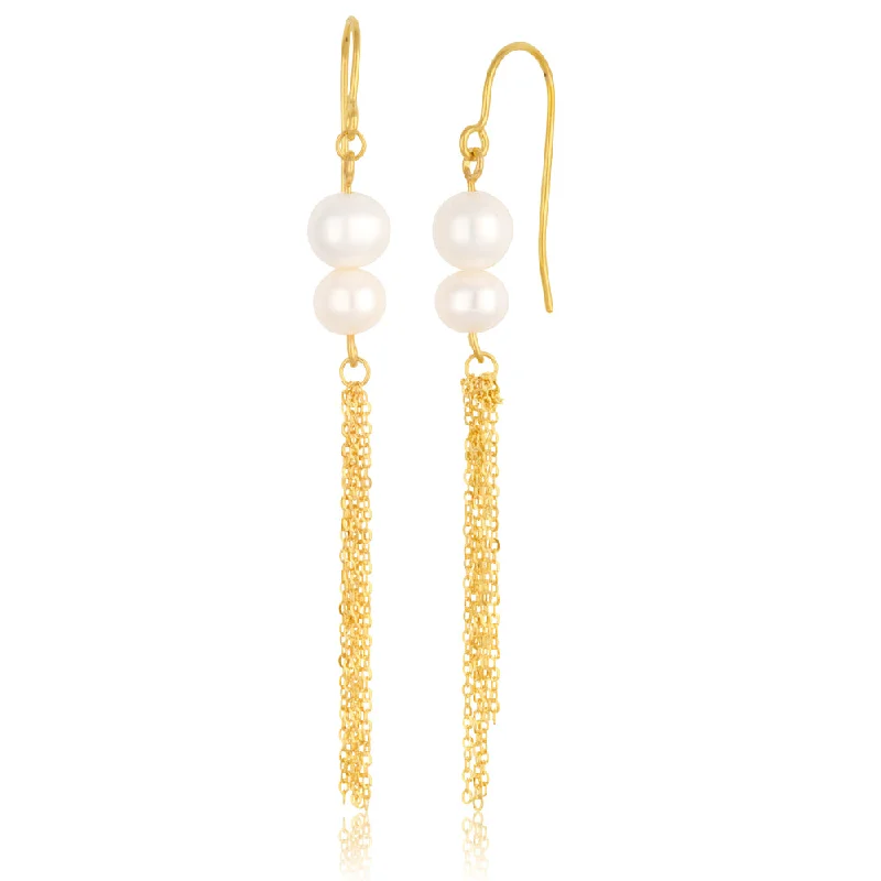 9ct Yellow Gold Freshwater Double Pearl Tassle Drop Earrings