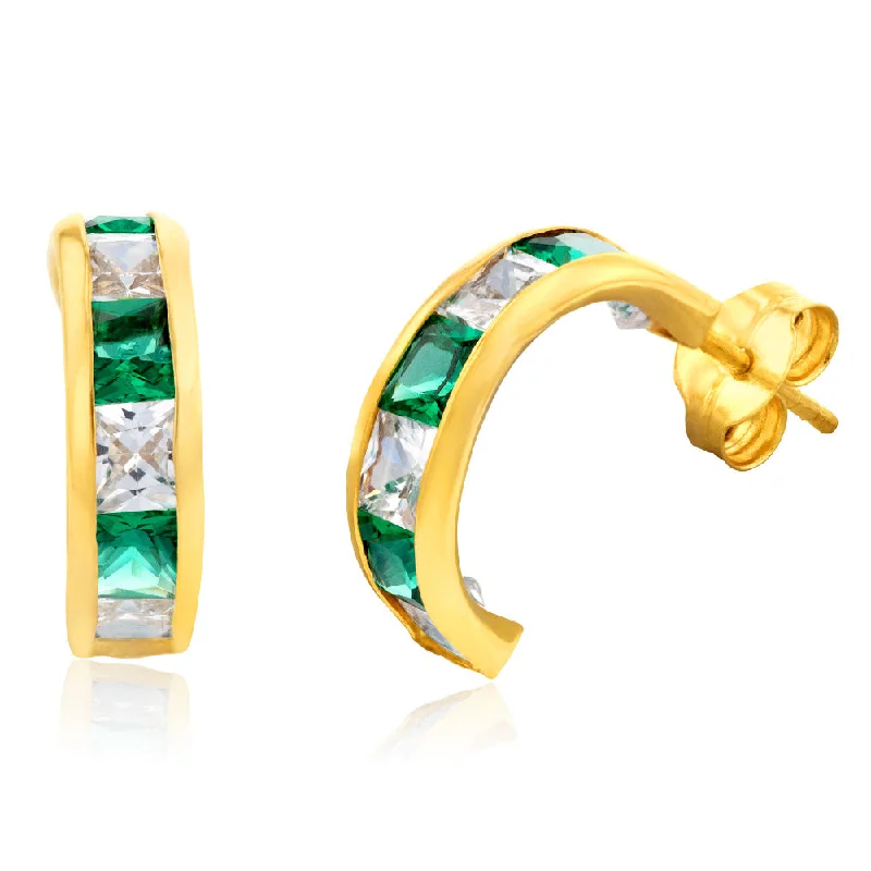 9ct Yellow Gold Green and White Zirconia Half Hoop Earrings