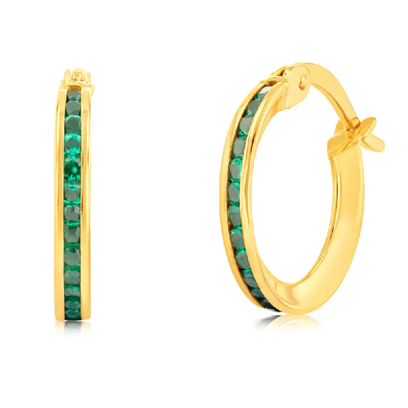 9ct Yellow Gold Green Zirconia Slim Hoop Earrings