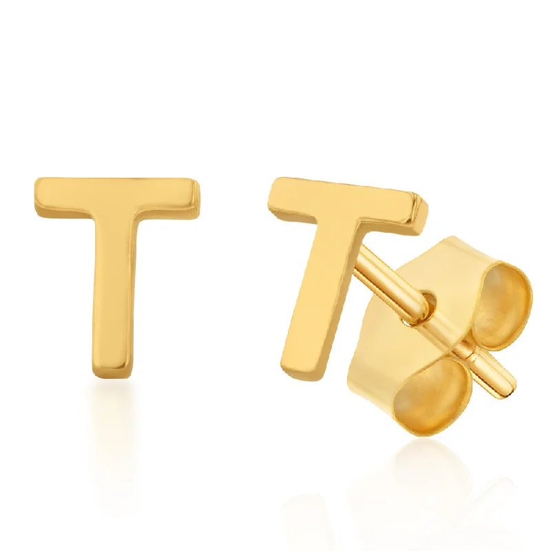 9ct Yellow Gold Mini Initial "T" Stud Earrings