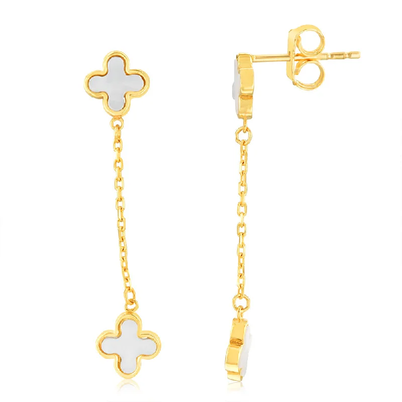 9ct Yellow Gold Mother Of Peals Clover Petals Drop Earrings