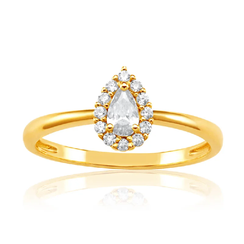 9ct Yellow Gold Pear Shaped Cubic Zirconia Halo Ring