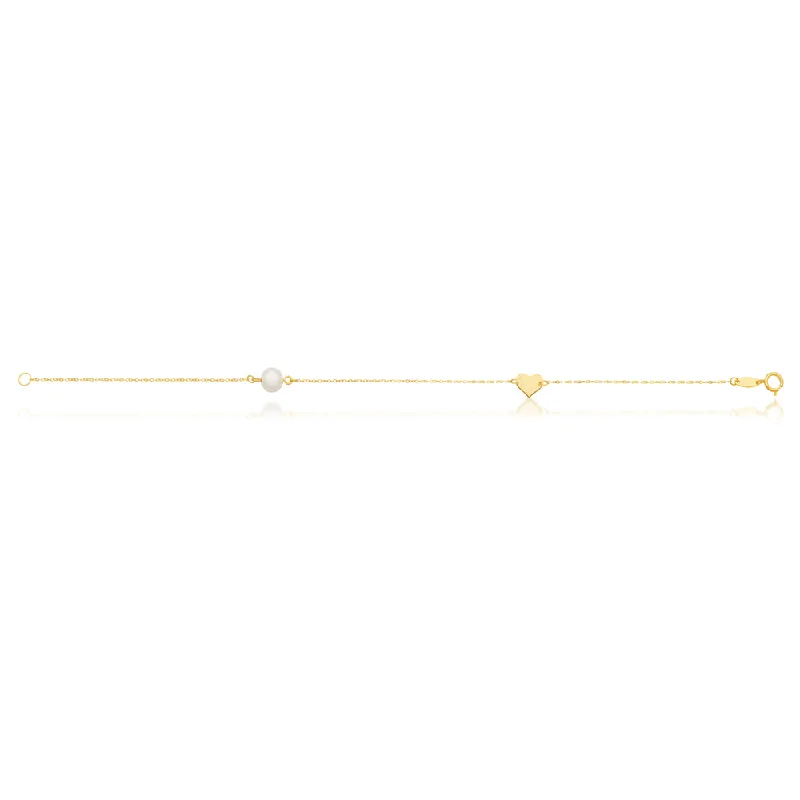 9ct Yellow Gold Pearl with Gold Heart Bracelet