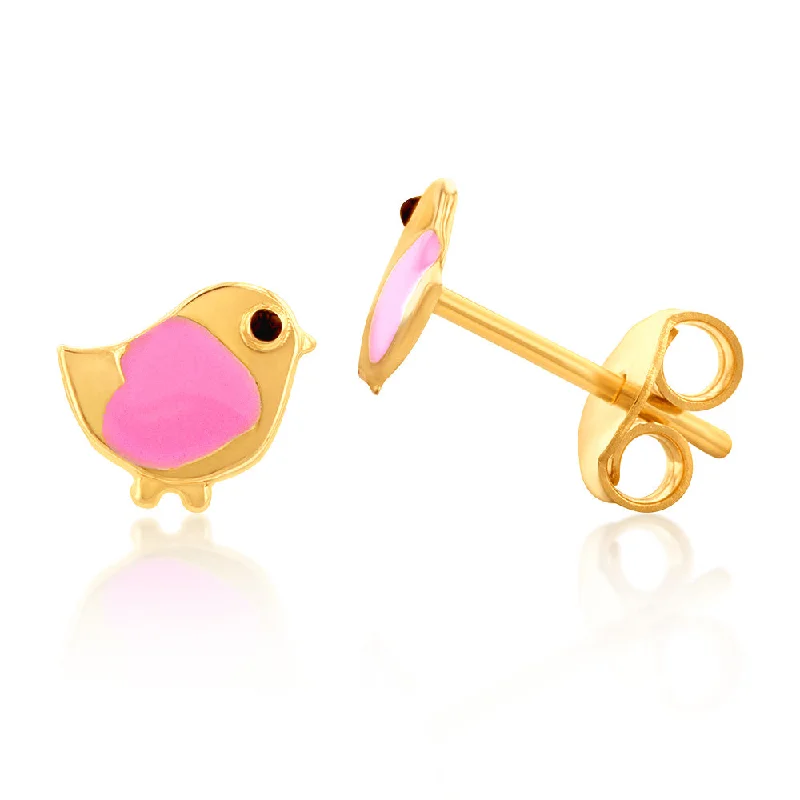 9ct Yellow Gold Pink Bird Stud Earrings