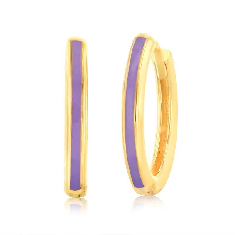 9ct Yellow Gold Purple Enamel Sleeper Hoop Earrings