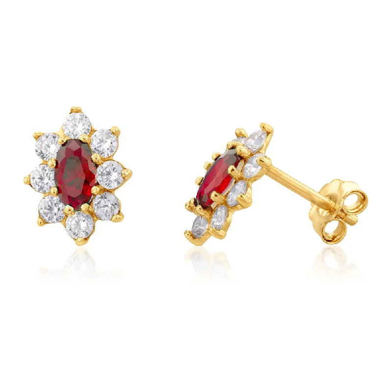 9ct Yellow Gold Red And White Cubic Zirconia Oval Stud Earrings