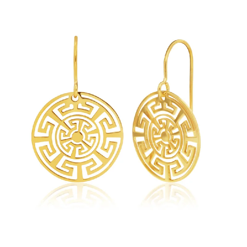 9ct Yellow Gold Silver Filled Aztec Greek key design Drop Earrings