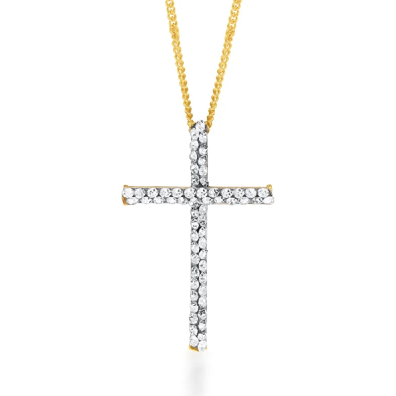 9ct Yellow Gold Silver Filled Cross with Crystals Stud Pendant