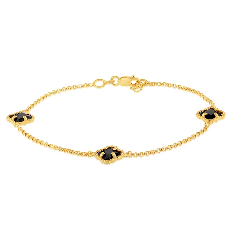 9ct Yellow Gold Silverfilled Black Flower 19cm Bracelet