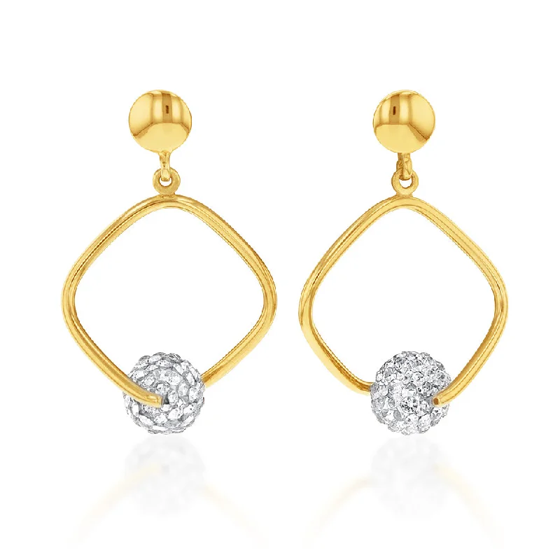 9ct Yellow Gold Silverfilled Crystal Ball On Square Stud Earrings