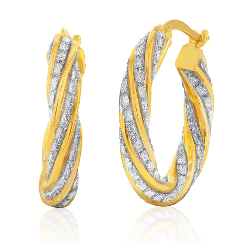 9ct Yellow Gold Silverfilled Stardust Twisted 15mm Hoop Earrings