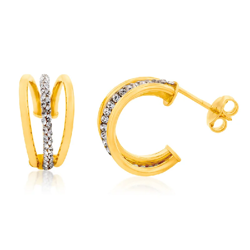 9ct Yellow Gold Silverfilled Triple Layer Crystal Half Hoop Earrings