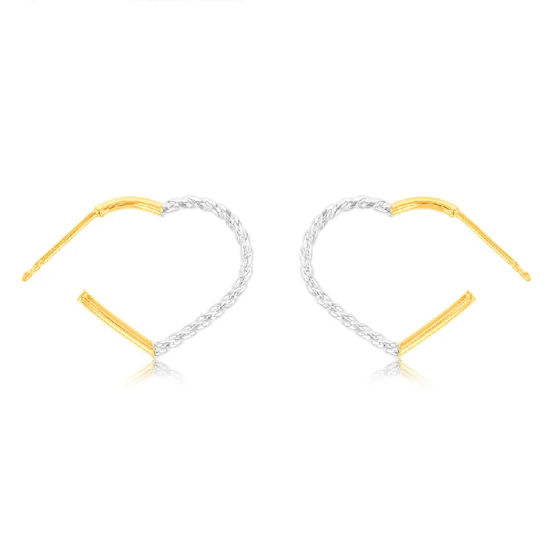 9ct Yellow Gold Silverfilled Two Tone Heart 3/4th Hoop Earrings