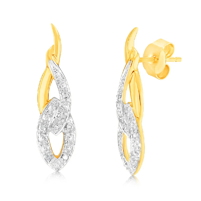 9ct Yellow Gold Twisted Drop Earrings in 12 Diamonds