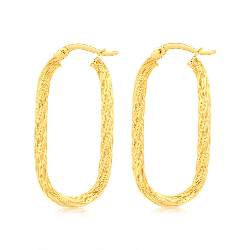 9ct Yellow Gold Twisted Elongated Hoop Earrings