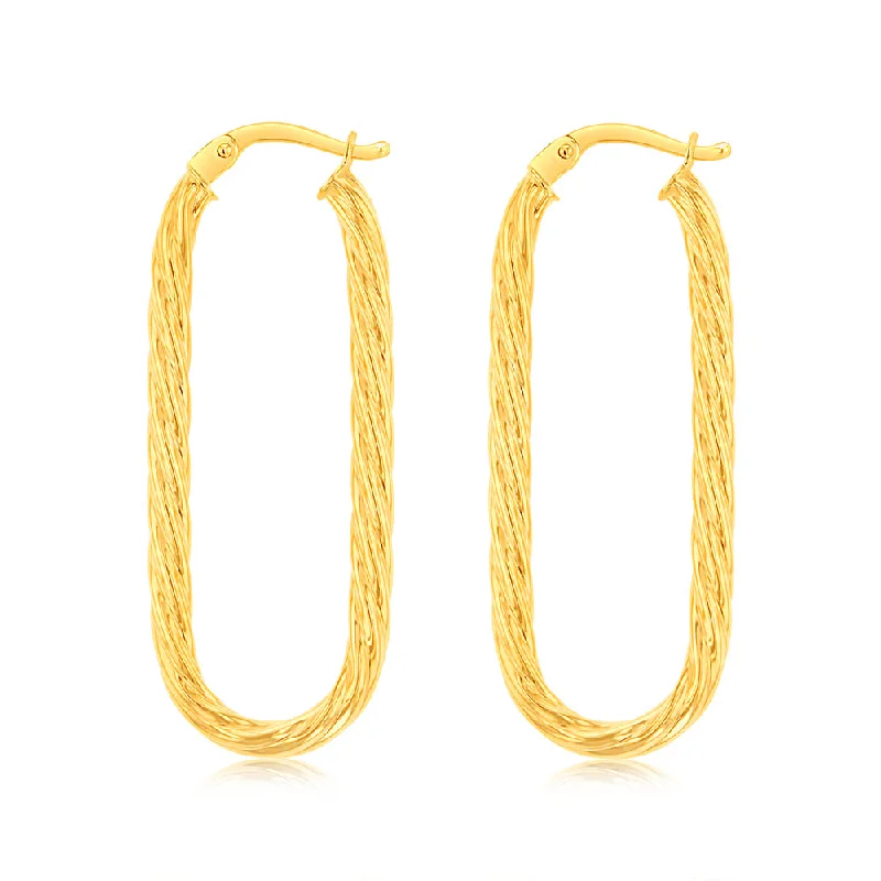 9ct Yellow Gold Twisted Elongated Hoop Earrings