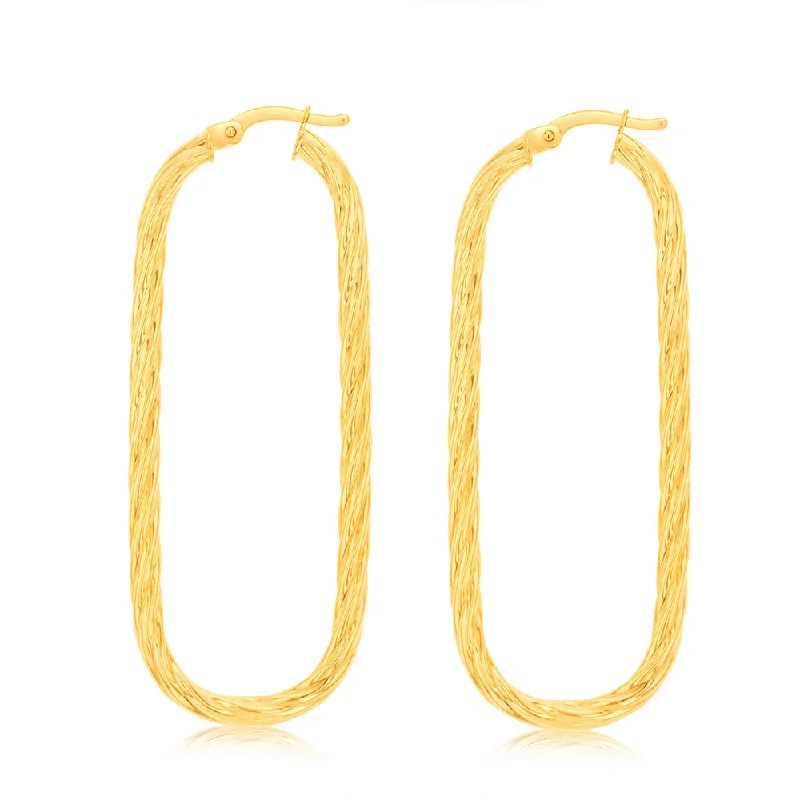 9ct Yellow Gold Twisted Elongated Hoop Earrings