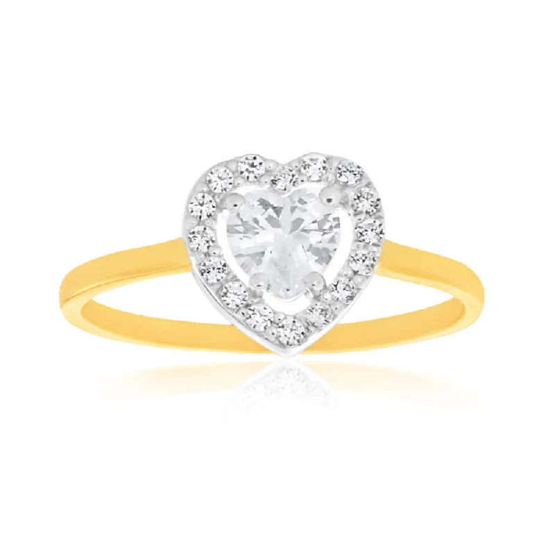 9ct Yellow Gold & White Gold Cubic Zirconia Heart Halo Ring