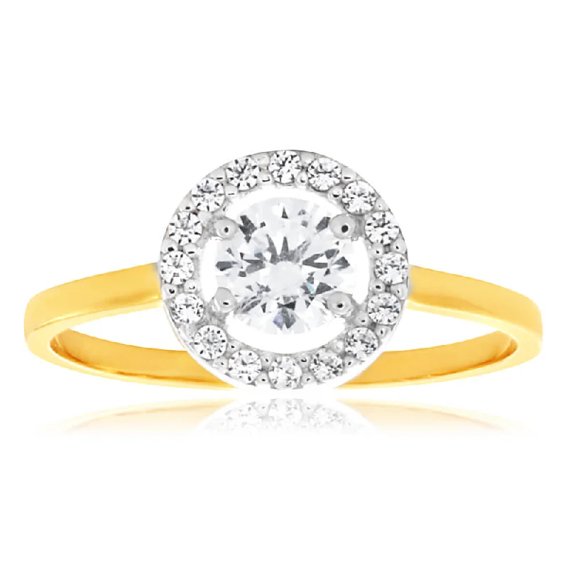 9ct Yellow Gold & White Gold Cubic Zirconia Round Halo Ring