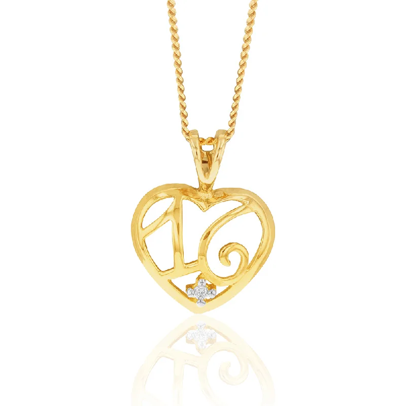 9ct Yellow Gold Zirconia Number 16 Heart Pendant