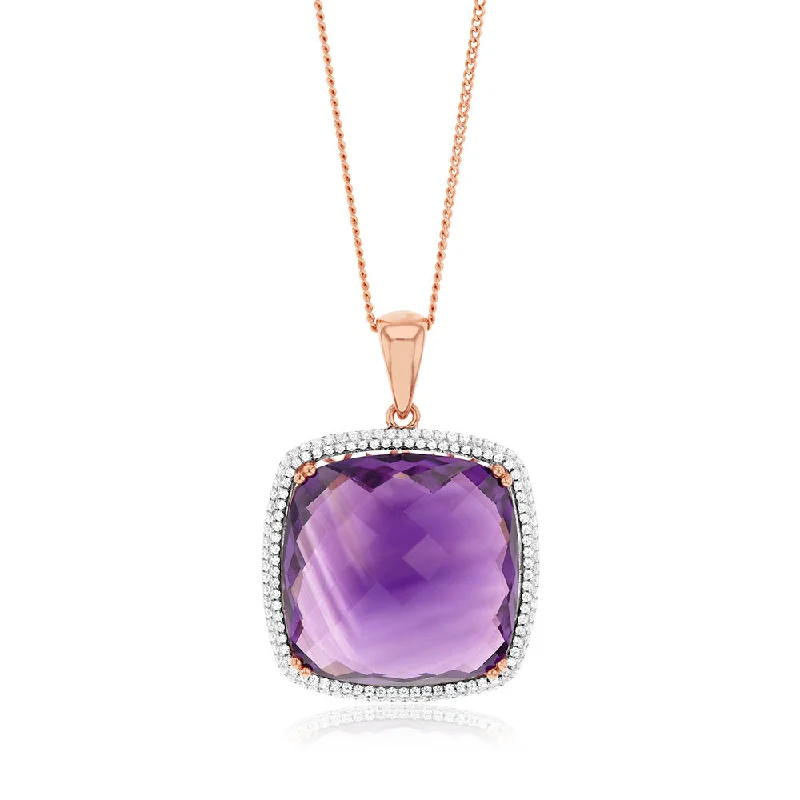 Amethyst & 0.54ct Cubic Zirconia Pendant in 9ct Rose Gold