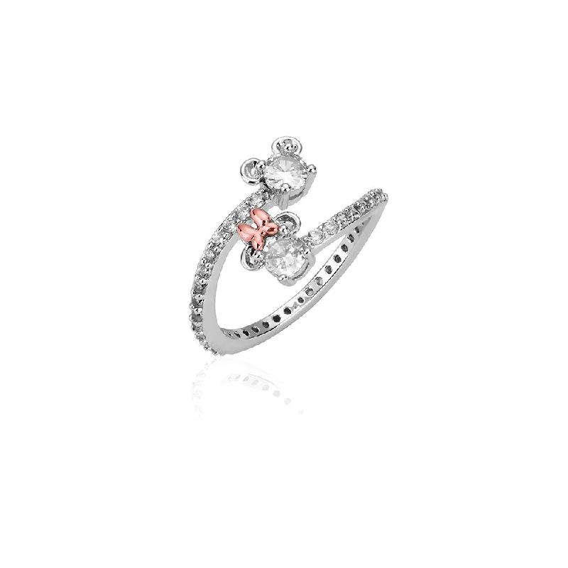 Disney Rhodium Plated Sterling Silver Mickey & Minnie Claw Set CZ Ring