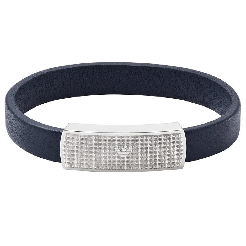 Emporio Armani Stainless Steel Blue Leather ID Bracelet