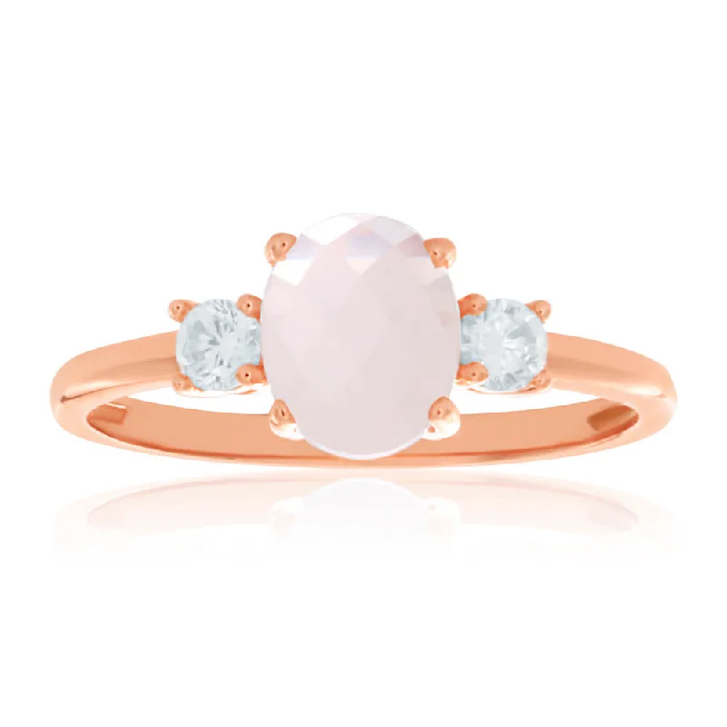 Gold Plated Sterling Silver Cubic Zirconia + Rose Quartz Oval Ring