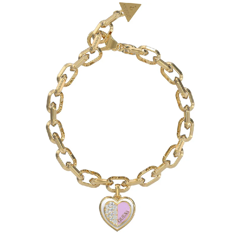 Guess Gold Plated Stainless Steel Lilac Double Heart Charm Bracelet