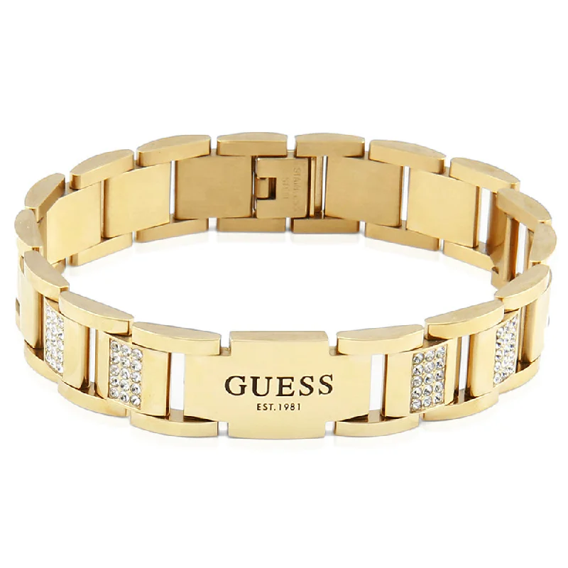 Guess Mens Jewellery Stainless Steel Gold Plated 15mm Flat Chain White CZ Bracelet