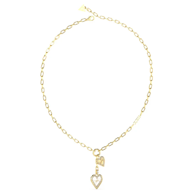 Guess Stainless Steel Gold Plated Double Heart Pendant On Paperlink 16-18" Chain