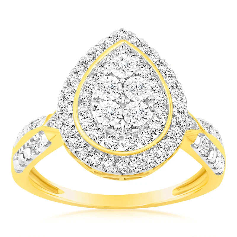 Luminesce Lab Grown 9ct Yellow Gold Pear Shaped Ring in 56 Brilliant Cut Diamonds