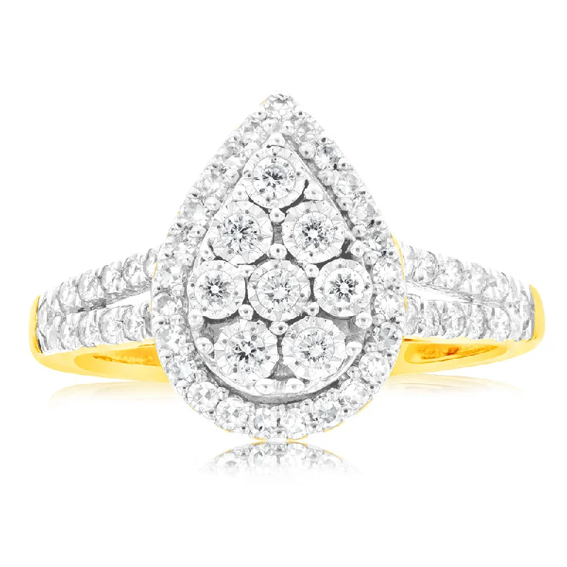 Luminesce Lab Grown Pear Ring with 1/2 Carat 54 Diamonds Set in 9 Carat Yellow Gold